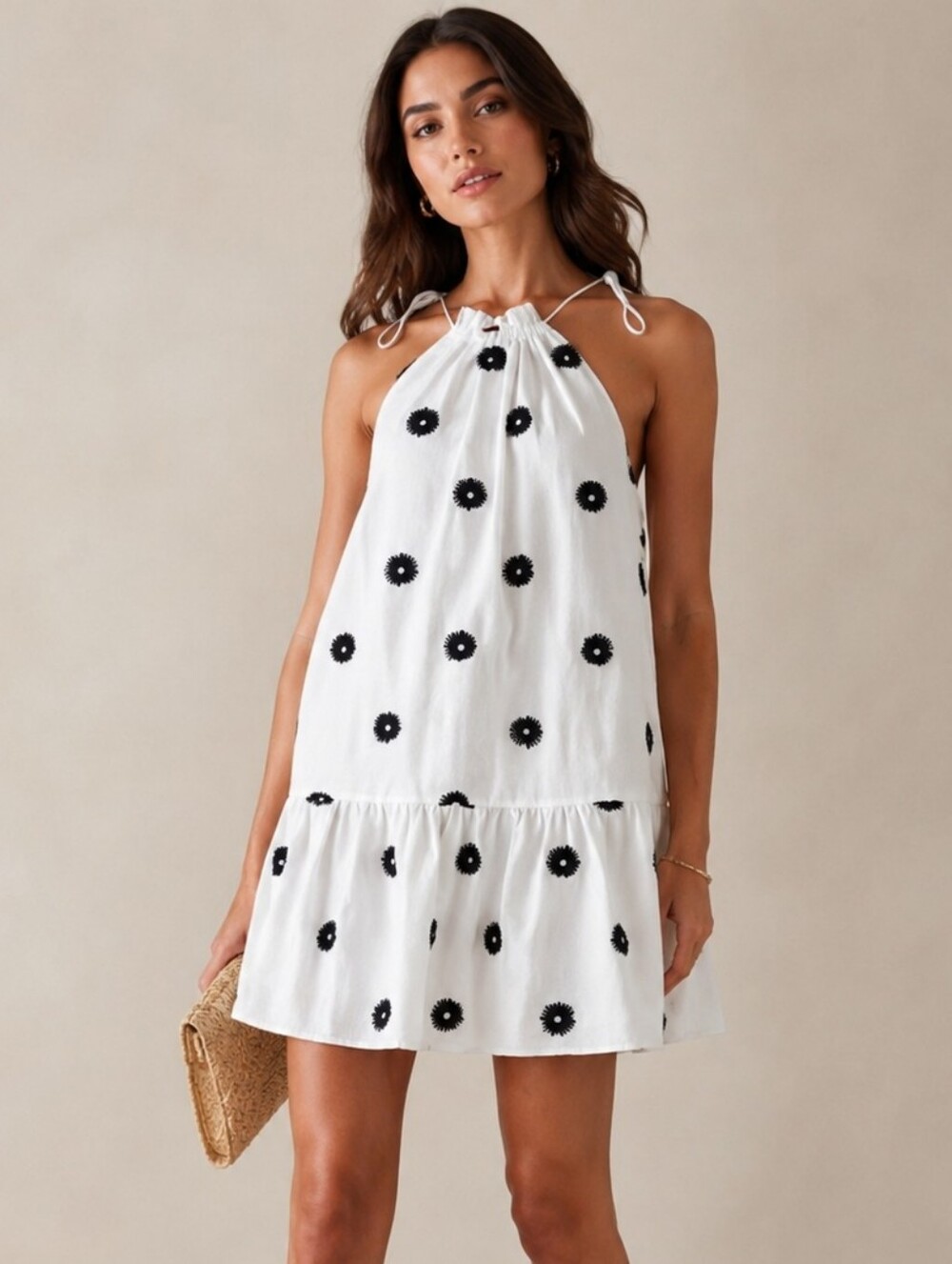 MILLY Flora Tufted Embroidered Cotton Halter Mini Dress White Navy Blue Size 4